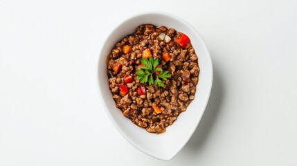 Ground meat sauce with vegetables in white bowl on white background