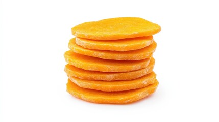 Fototapeta premium A stack of thinly sliced sweet potatoes, showcasing their vibrant orange color against a plain white background.