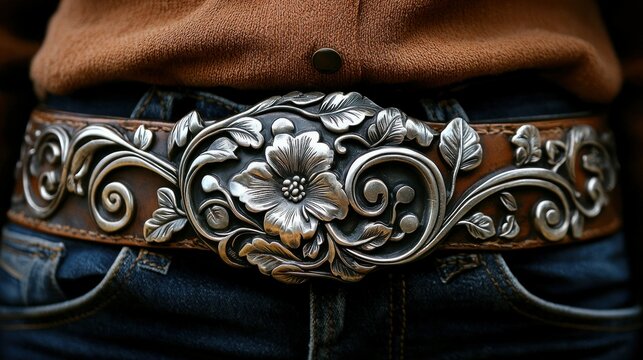 Ornate Silver Floral Belt Buckle on Brown Leather