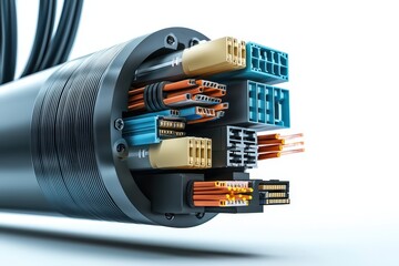Close-up of a high-tech multi-connector communication cable with vibrant wires and sleek design