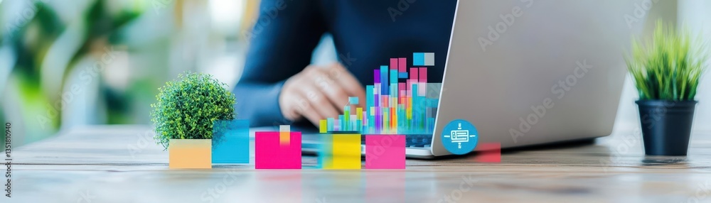 Poster woman working on laptop analyzing data trends for business insights and strategy development in mode