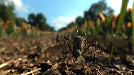 Close-up view of a mosquito in a vibrant flower field under a clear blue sky