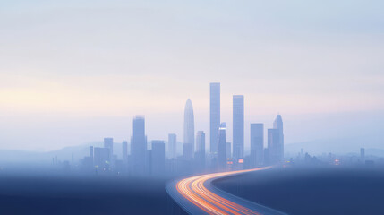 Fototapeta premium Foggy Cityscape with Skyscrapers and Road