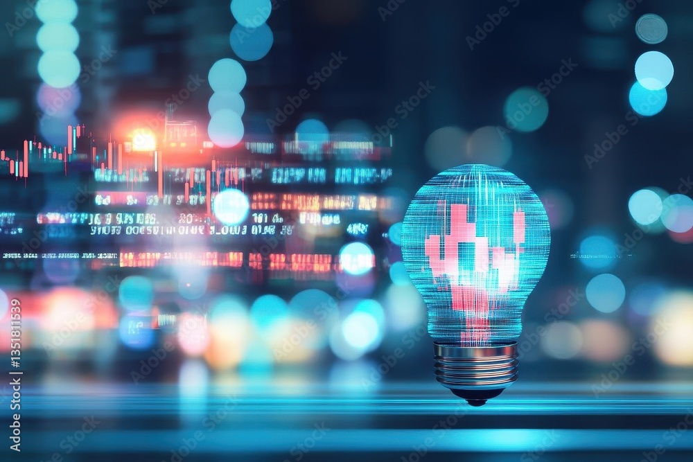 Poster illuminated light bulb against city skyline background symbolizing innovation and economic indicator