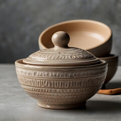 Handmade Pottery Bowl: An elegantly crafted pottery bowl with a lid, displaying intricate textures and a natural, earthy tone, presented against a muted background.