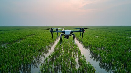 A drone hovers over lush green rice fields, showcasing modern agricultural technology amidst a serene landscape under a soft sky.