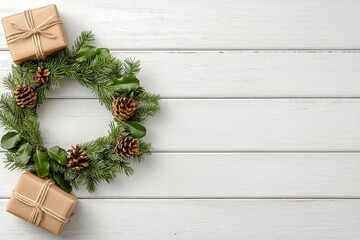 Minimalist Christmas setting with eco-friendly gift wrapping and evergreen branches