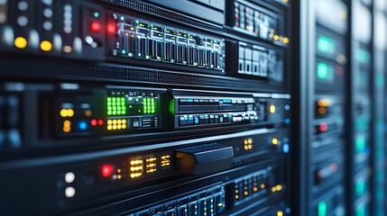 Rows of server racks with illuminated lights and electronics