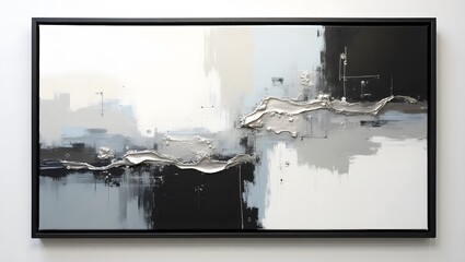 Minimalist Abstract Painting in White, Black, and Silver with a Knife-Stroke Texture
