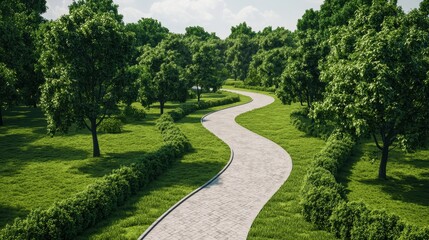 Fototapeta premium A winding pathway meanders through a lush green park, surrounded by vibrant trees and grass, inviting exploration and relaxation in nature.