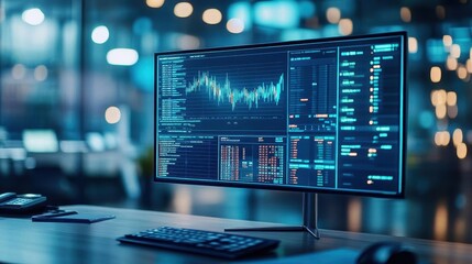 Computer monitor with detailed chart displaying financial data trends for strategic business analysis