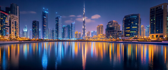 Night cityscape reflecting in calm water, showcasing illuminated skyscrapers and modern architecture, symbolizing urban development and technological advancement