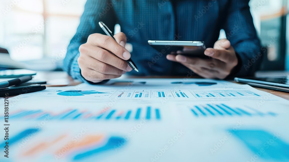 Poster Man using smartphone to check financial data trends and make informed decisions in a fast-paced business environment