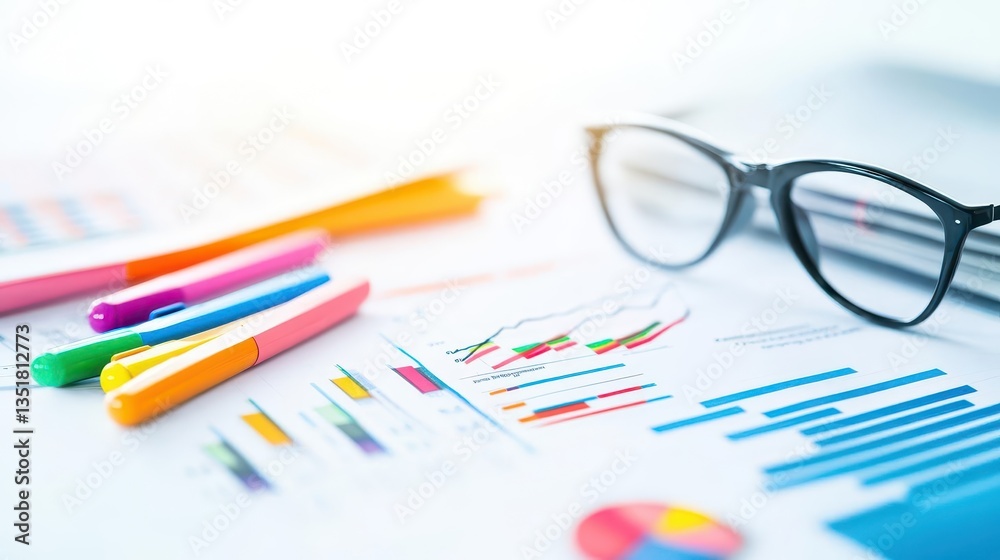 Aufkleber pair of glasses and a pen resting on a table surface with a focus on office organization and work en