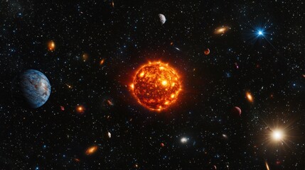 Fototapeta premium Vibrant cosmic scene showcasing a radiant sun surrounded by planets and distant galaxies in space
