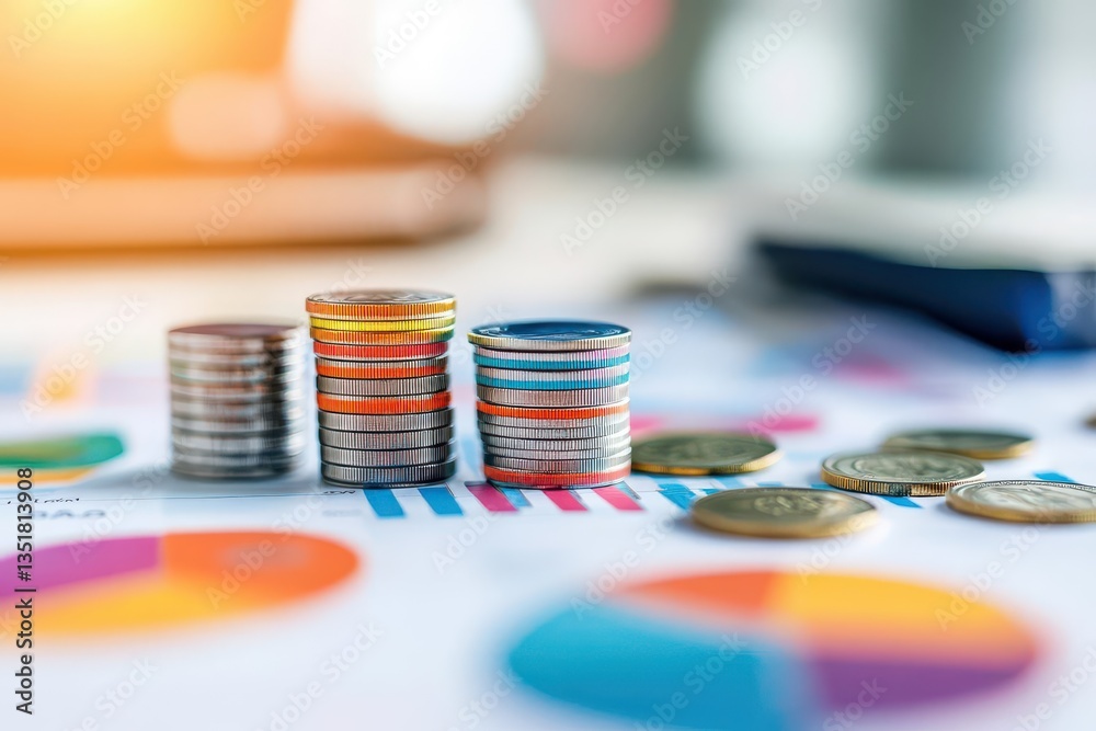 Poster coins and graphs displaying economic trends and financial analysis for understanding market movement