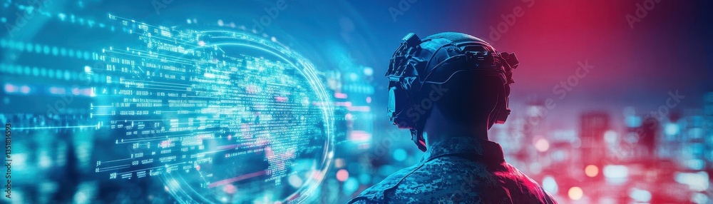 Poster futuristic soldier in advanced cyber suit analyzing global conflict trends with high-tech equipment 