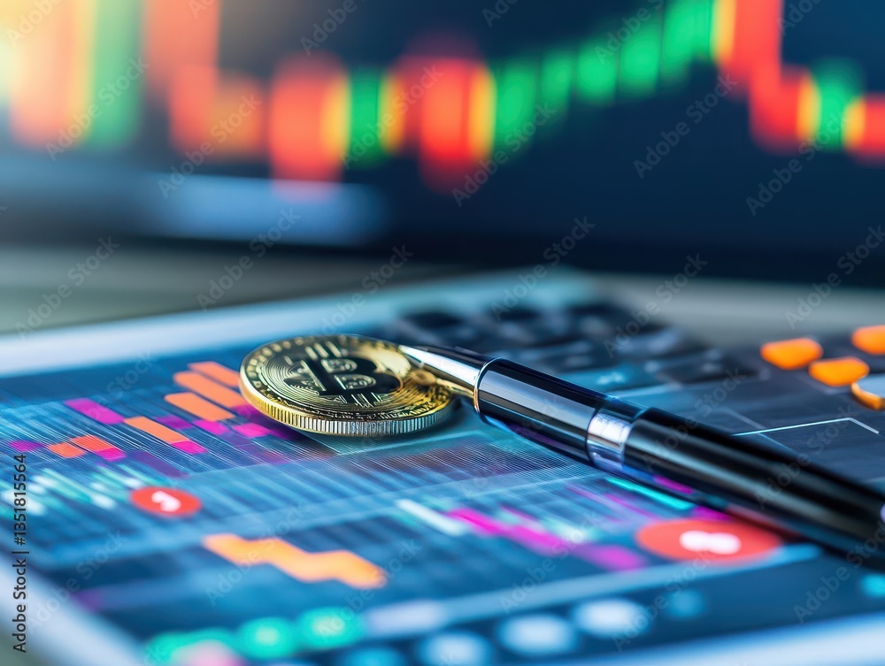 Poster Pen and tablet displaying chart for analyzing market trends and financial data in a digital environment