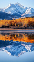 Obraz premium Reflective lake mirroring snow-capped mountains and golden autumn trees, showcasing serene autumnal landscape, perfect for nature or travel themes