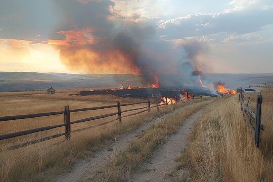 A wildfire burns through dry grass in an open field, leaving a trail of blackened earth and smoke. The flames spread along the edge, highlighting environmental risks and land damage.