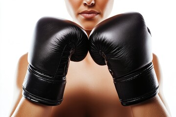 Close-up of a woman's face and hands wearing black boxing gloves, ready to fight.