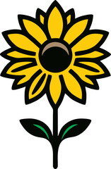 Fototapeta premium Stylized Sunflower Illustration, A vibrant digital illustration of a sunflower with bold black outlines and bright yellow petals. The flower features a circular center with a crescent-like highlight, 