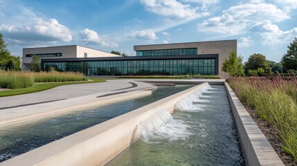 Obraz premium Modern Architecture Meets Serene Waters: A Stunning Corporate Campus