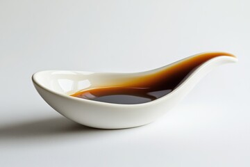 Dark brown sauce in a small, elegant white bowl, ready to be served.