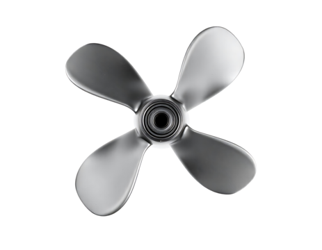 Silver propeller with four blades isolated on transparent background.
