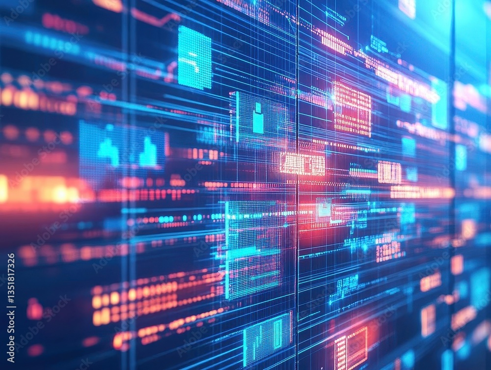 Poster Digital screen displaying complex data with a striking blue and red background for supply chain security analysis