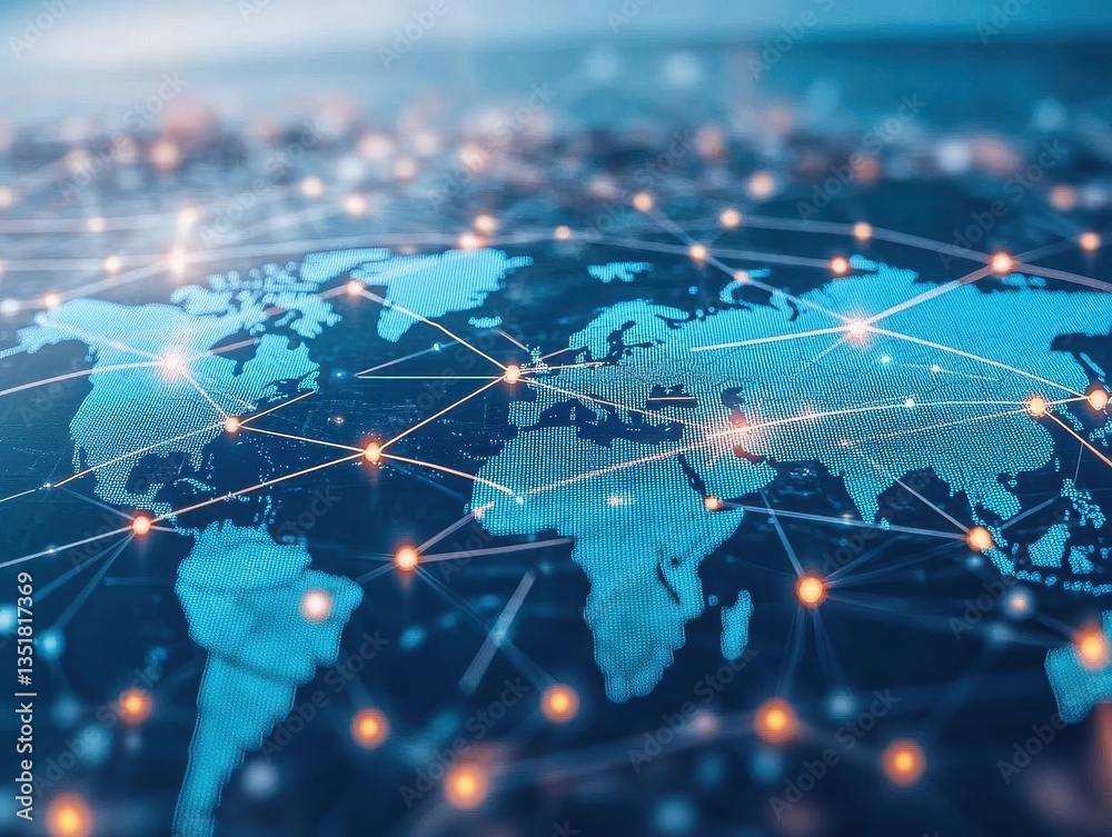 Poster World map with a network of connected lines illustrating the complexity of global supply chain security dynamics