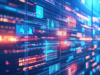 Naklejka premium Digital screen displaying complex data with a striking blue and red background for supply chain security analysis