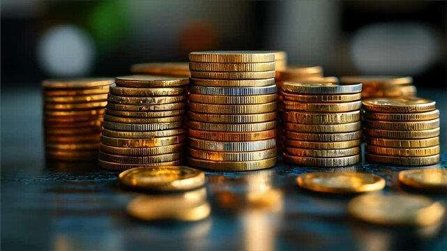 Stacks of coins representing economic growth on blurred background.