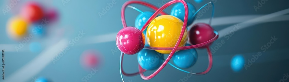 Poster Colorful model of a molecule depicting the anatomy of an atom with spheres representing different elements