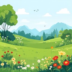 Fototapeta premium Spring Meadow Landscape with Mountains