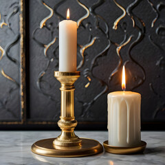 Illuminating Ambiance: Two lit candles, one atop a brass candlestick, the other nestled on a small golden base, cast a warm, inviting glow, set against a backdrop that adds a touch of mystery.