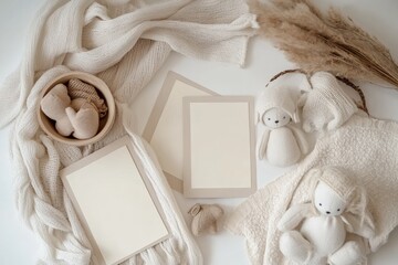 Soft toys and baby milestone cards create a cozy scene on a white background Generative AI
