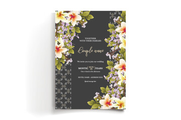 WEDDING INVITATION FRAME WITH FLOWER DECORATIONS AND FRESH LEAVES