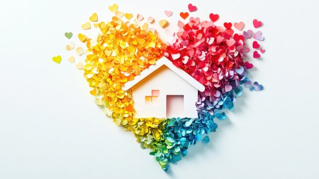 Rainbow heart-shaped paper home, love, family, affection