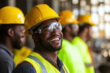 Happy Construction Worker Smiling on Site – Team of Builders in Safety Gear, Positive Work Environment, Hard Hat, High Visibility Vest, Teamwork Concept