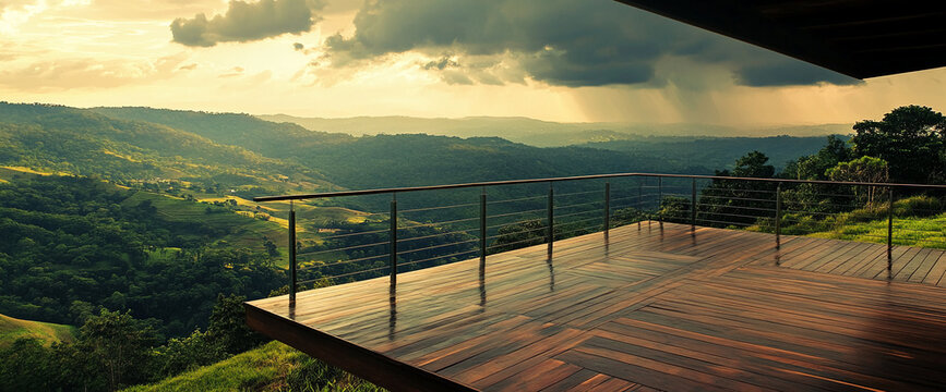 Wooden deck overlooking a lush green mountain range under a dramatic sky, showcasing tranquility and scenic beauty, ideal for travel or nature concepts
