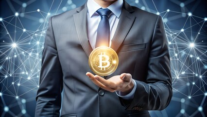 holographic bitcoin. bitcoin cryptocurrency on futuristic background. stable and reliable currency. high monetary standard