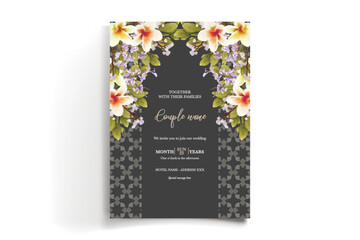 WEDDING INVITATION FRAME WITH FLOWER DECORATIONS AND FRESH LEAVES