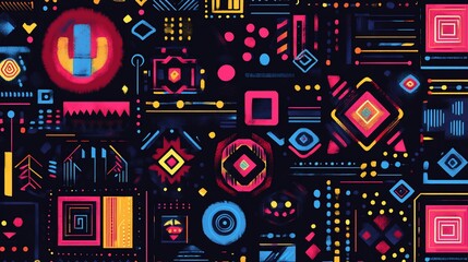 Abstract Geometric Pattern with Vibrant Colors on a Dark Background with multiple shapes