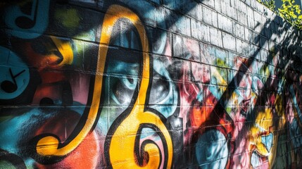 Obraz premium Vibrant street art with musical notes design.