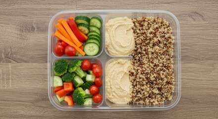 Healthy meal prep contner with fresh vegetables and quinoa 