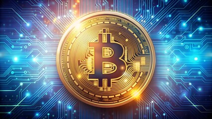 holographic bitcoin. bitcoin cryptocurrency on futuristic background. stable and reliable currency. high monetary standard