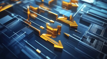 Abstract golden arrows on a digital blue background create a modern tech pattern