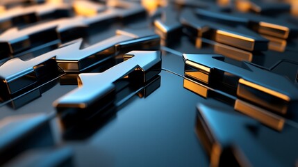 A dynamic 3D rendering of metallic arrows with a blurred background, conveying movement and direction