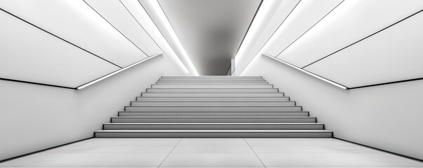 Fototapeta premium A high-contrast black-and-white photograph of a minimalist staircase with sleek white walls and smooth gray tiles